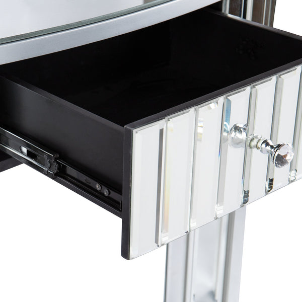 Homeroots 39" Silver Mirrored Glass Half Moon Console Table With Drawer - Stylish Space-saving Design For Any Room   568869