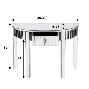 Homeroots 39" Silver Mirrored Glass Half Moon Console Table With Drawer - Stylish Space-saving Design For Any Room   568869