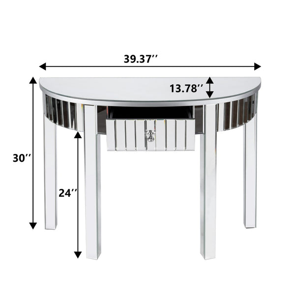 Homeroots 39" Silver Mirrored Glass Half Moon Console Table With Drawer - Stylish Space-saving Design For Any Room   568869