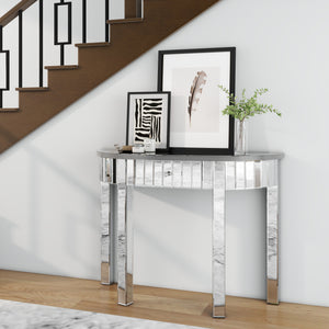 Homeroots 39" Silver Mirrored Glass Half Moon Console Table With Drawer - Stylish Space-saving Design For Any Room   568869