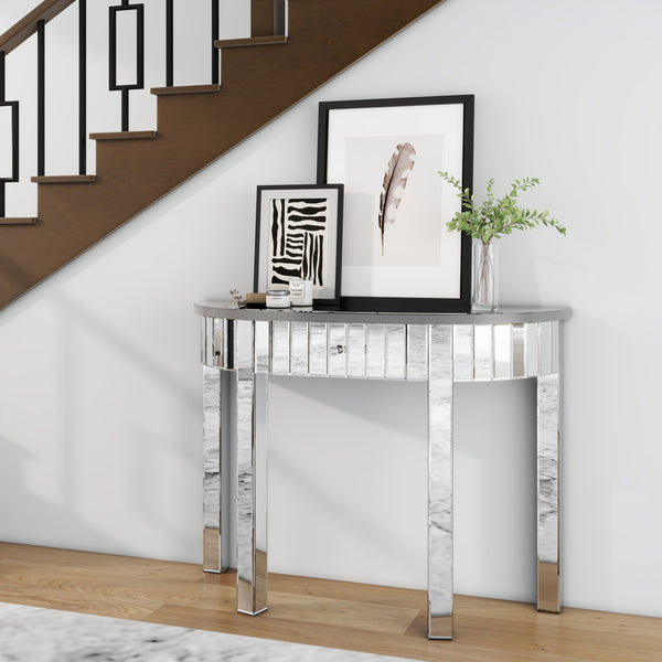 Homeroots 39" Silver Mirrored Glass Half Moon Console Table With Drawer - Stylish Space-saving Design For Any Room   568869