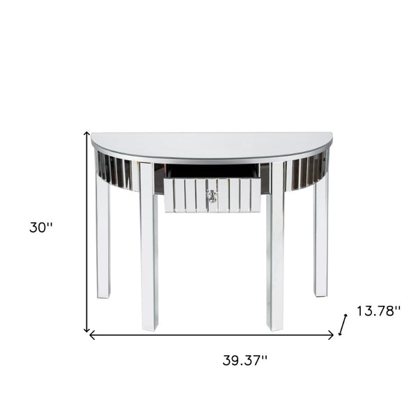 Homeroots 39" Silver Mirrored Glass Half Moon Console Table With Drawer - Stylish Space-saving Design For Any Room   568869