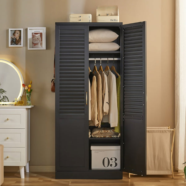 English Elm Armoire Steel Frame Open Wardrobe with Full Length Mirror and Adjustable Shelving T5667P471070