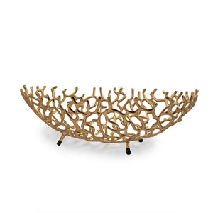 Homeroots 22" Gold Aluminum Oval Faux Coral Centerpiece Bowl   568880