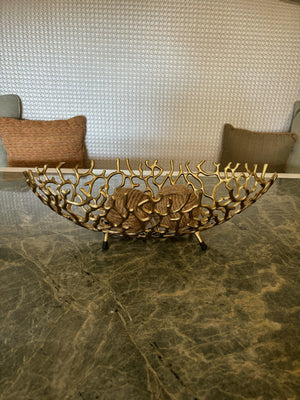 Homeroots 22" Gold Aluminum Oval Faux Coral Centerpiece Bowl   568880