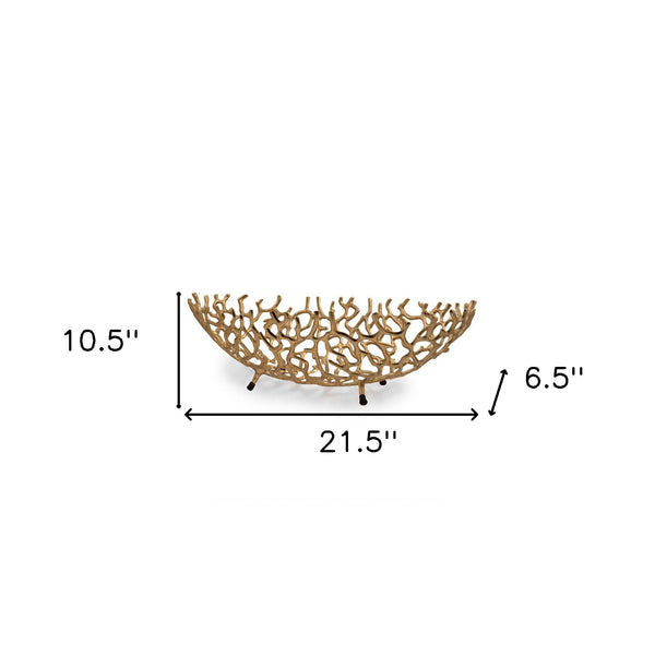 Homeroots 22" Gold Aluminum Oval Faux Coral Centerpiece Bowl   568880