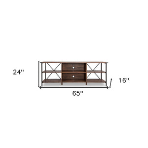 HomeRoots 65" Walnut Black Industrial Open Shelving TV Stand - Stylish Storage, Cable Management & Versatile Design 568896