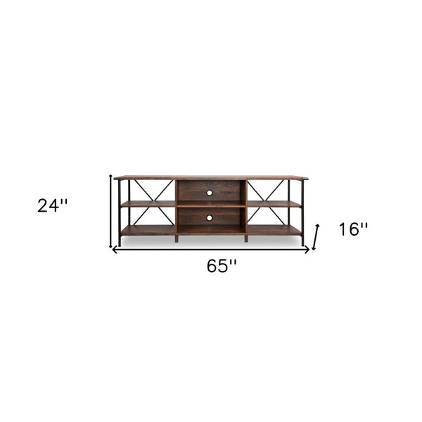 HomeRoots 65" Walnut Black Industrial Open Shelving TV Stand - Stylish Storage, Cable Management & Versatile Design 568896