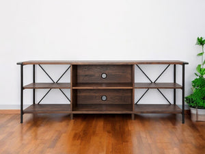 HomeRoots 65" Walnut Black Industrial Open Shelving TV Stand - Stylish Storage, Cable Management & Versatile Design 568896