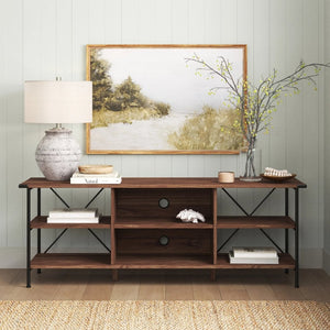 HomeRoots 65" Walnut Black Industrial Open Shelving TV Stand - Stylish Storage, Cable Management & Versatile Design 568896