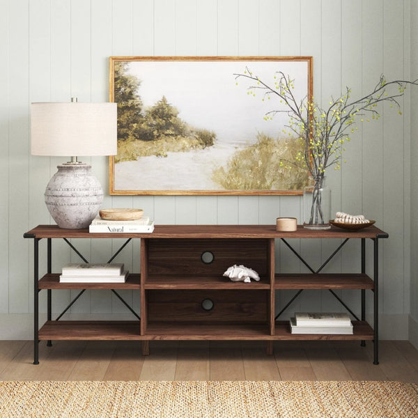 HomeRoots 65" Walnut Black Industrial Open Shelving TV Stand - Stylish Storage, Cable Management & Versatile Design 568896