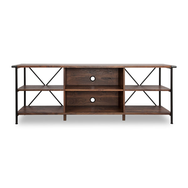 HomeRoots 65" Walnut Black Industrial Open Shelving TV Stand - Stylish Storage, Cable Management & Versatile Design 568896