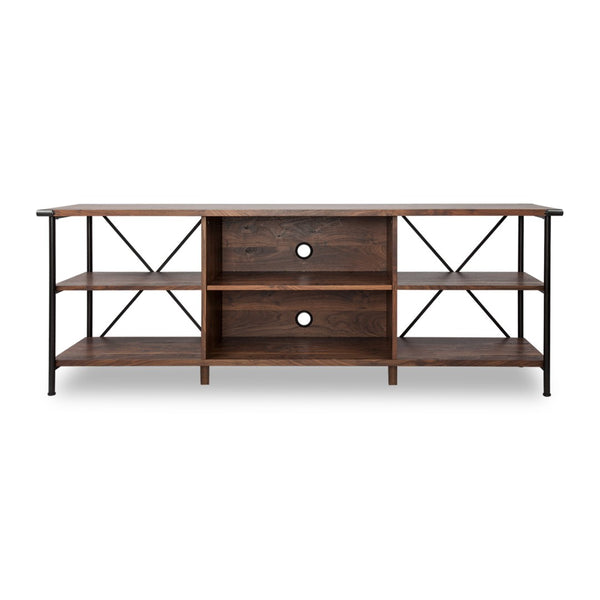 HomeRoots 65" Walnut Black Industrial Open Shelving TV Stand - Stylish Storage, Cable Management & Versatile Design 568896