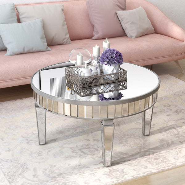 Homeroots 32" Silver Mirrored Glass Round Coffee Table   568899