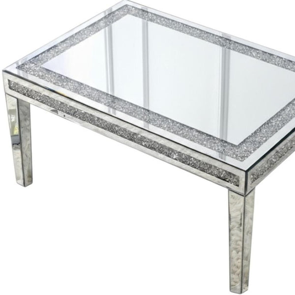 HomeRoots 36" Glamorous Clear and Silver Mirrored Coffee Table with Faux Crystal Accents for Modern Spaces 568900