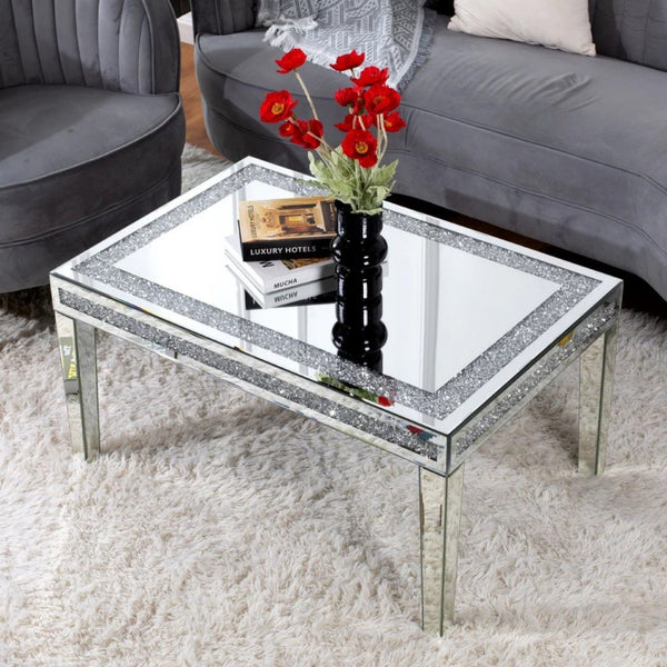 HomeRoots 36" Glamorous Clear and Silver Mirrored Coffee Table with Faux Crystal Accents for Modern Spaces 568900