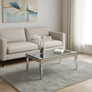 HomeRoots 36" Glamorous Clear and Silver Mirrored Coffee Table with Faux Crystal Accents for Modern Spaces 568900