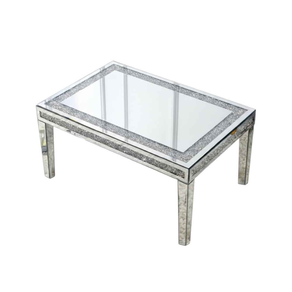HomeRoots 36" Glamorous Clear and Silver Mirrored Coffee Table with Faux Crystal Accents for Modern Spaces 568900