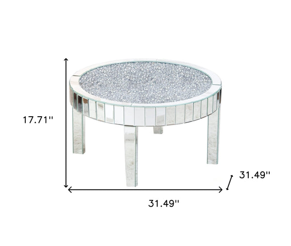 Homeroots 31" Silver Mirrored Glass And Faux Crystal Round Coffee Table   568901