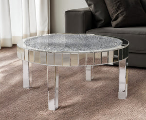 Homeroots 31" Silver Mirrored Glass And Faux Crystal Round Coffee Table   568901