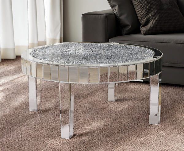 Homeroots 31" Silver Mirrored Glass And Faux Crystal Round Coffee Table   568901