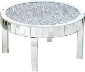 Homeroots 31" Silver Mirrored Glass And Faux Crystal Round Coffee Table   568901