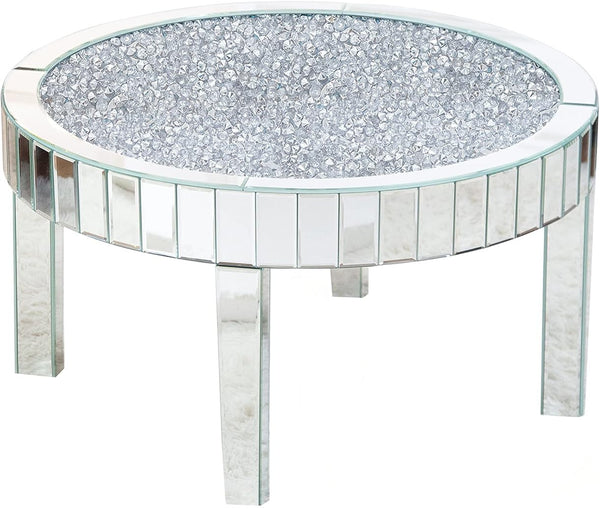 Homeroots 31" Silver Mirrored Glass And Faux Crystal Round Coffee Table   568901