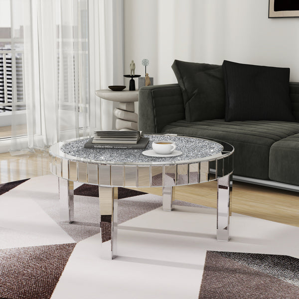 Homeroots 31" Silver Mirrored Glass And Faux Crystal Round Coffee Table   568901