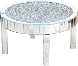 Homeroots 31" Silver Mirrored Glass And Faux Crystal Round Coffee Table   568901