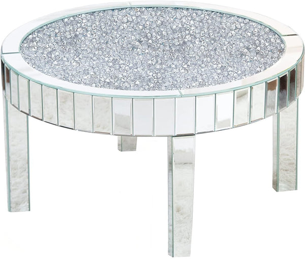 Homeroots 31" Silver Mirrored Glass And Faux Crystal Round Coffee Table   568901