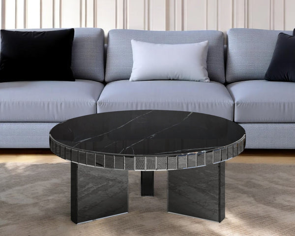 Homeroots 35" Silver And Black Mirrored Glass And Faux Marble Round Coffee Table   568904