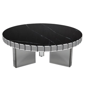 Homeroots 35" Silver And Black Mirrored Glass And Faux Marble Round Coffee Table   568904