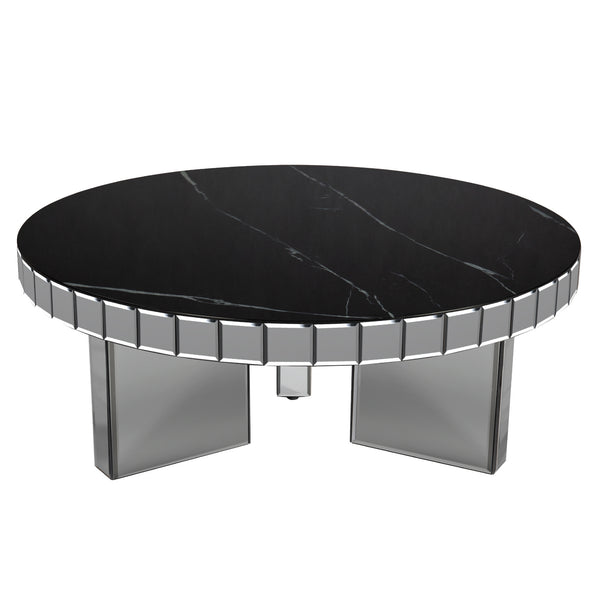 Homeroots 35" Silver And Black Mirrored Glass And Faux Marble Round Coffee Table   568904