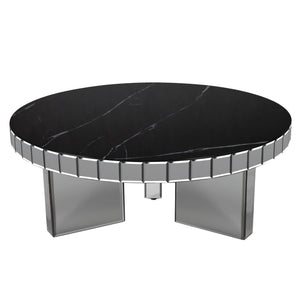 Homeroots 35" Silver And Black Mirrored Glass And Faux Marble Round Coffee Table   568904