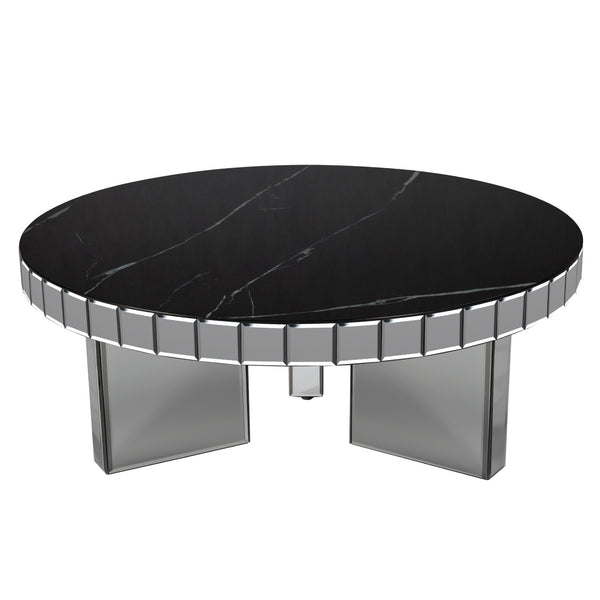 Homeroots 35" Silver And Black Mirrored Glass And Faux Marble Round Coffee Table   568904