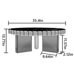 Homeroots 35" Silver And Black Mirrored Glass And Faux Marble Round Coffee Table   568904