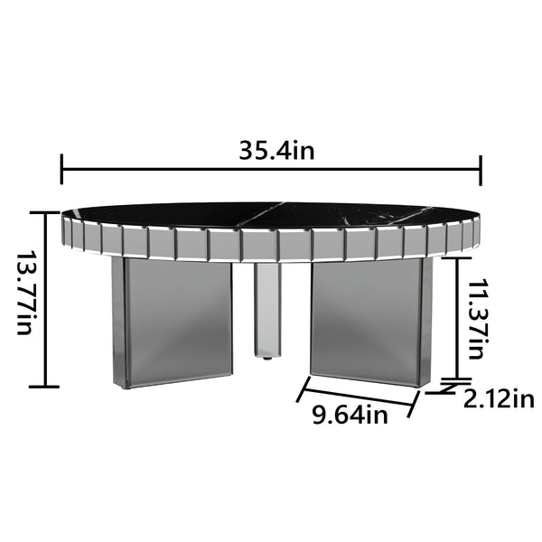 Homeroots 35" Silver And Black Mirrored Glass And Faux Marble Round Coffee Table   568904