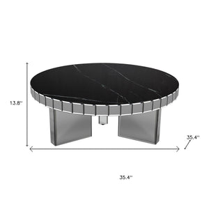 HomeRoots 35" Silver and Black Mirrored Glass Round Coffee Table - Glamorous Faux Marble Top for Modern Spaces 568904