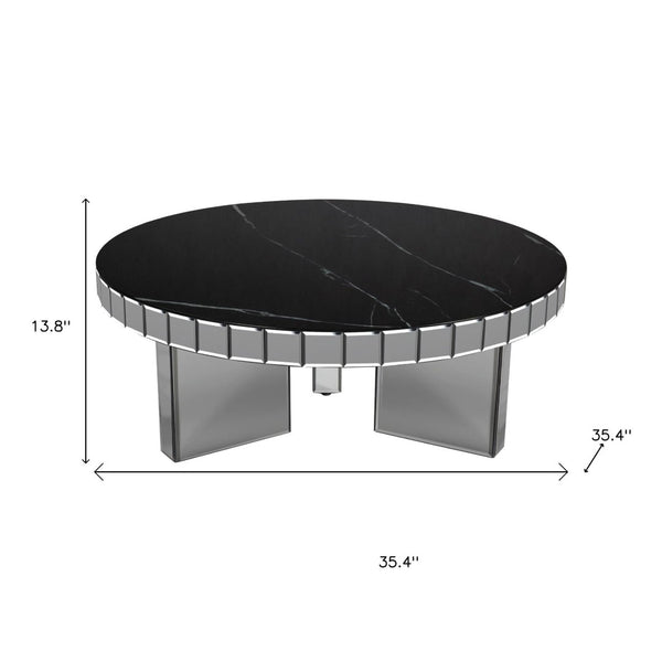 HomeRoots 35" Silver and Black Mirrored Glass Round Coffee Table - Glamorous Faux Marble Top for Modern Spaces 568904