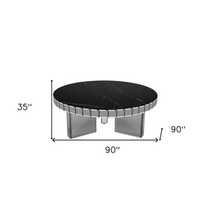 Homeroots 35" Silver And Black Mirrored Glass And Faux Marble Round Coffee Table   568904