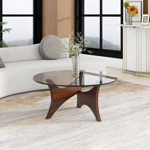 Homeroots 35" Clear And Brown Glass And Wood Round Coffee Table   568906