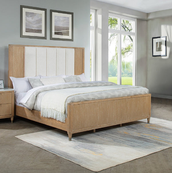 English Elm Stylish Paneled High Headboard Queen Bed with Textured Accents and Clean Lines for Modern Retreat Brown,Natural Wood,White 87.25 L x 10.25 W x 4.38 H B2741S00454
