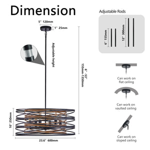 English Elm 24" Rustic Industrial Pendant Light, 6-Light Black & Walnut Metal Cage Chandelier with Wood Accents for Kitchen Island Dining Room W2312P368685