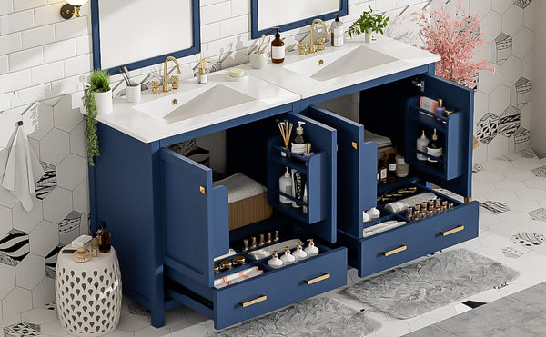 English Elm 60" Blue Double Vanity with Ceramic Sinks, Solid Wood Frame, Divided Drawers & Soft-Close Doors N729P000001C