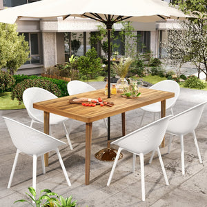 English Elm Christopher Knight Home® - Gable Janiyah Outdoor Paito 7PCS Dining Set with Ergonomic White PP Chairs and Durable Wood Table Acacia Wood,White GABLEJANI7PCDW