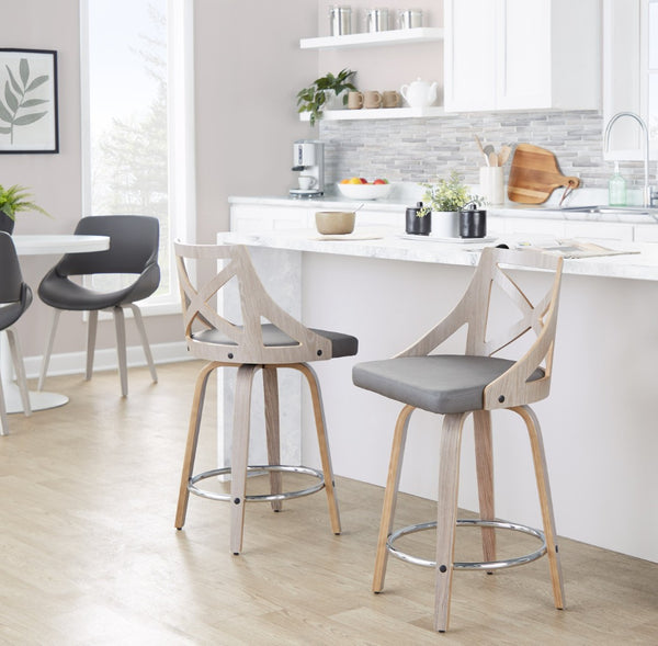English Elm Fixed-height Swivel Counterstools Mahogany Wood Chrome Footrest Velvet Seat Set of 2 B202S01743