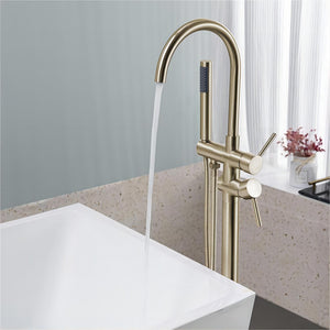 English Elm Floor Mount freestanding bathtub faucet with matte black finish, high-flow single-handle tub filler with handheld shower and 360° swivel spout, durable stainless steel and brass construction Brushed Gold T3177P277534