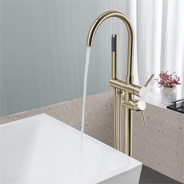 English Elm Floor Mount freestanding bathtub faucet with matte black finish, high-flow single-handle tub filler with handheld shower and 360° swivel spout, durable stainless steel and brass construction Brushed Gold T3177P277534