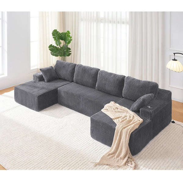 English Elm U-shaped Corduroy Cloud Sectional Sofa with Pocket Springs and Modular Living Room Seating Dark Gray W3366S00002