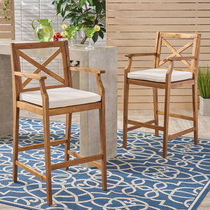 English Elm Christopher Knight Home® - PERLA Acacia Wood Outdoor Barstool Set of 2 with Water-Resistant Cushions, Cross-Back Farmhouse Charm Brown 63748.00CRM